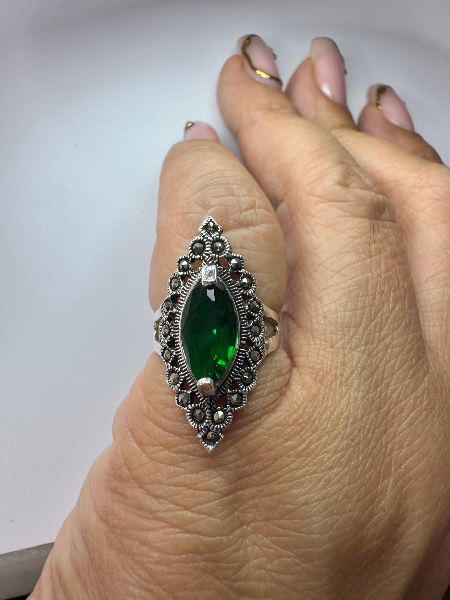 Sterling Silver .925 Green Zircon Maquesite Ring