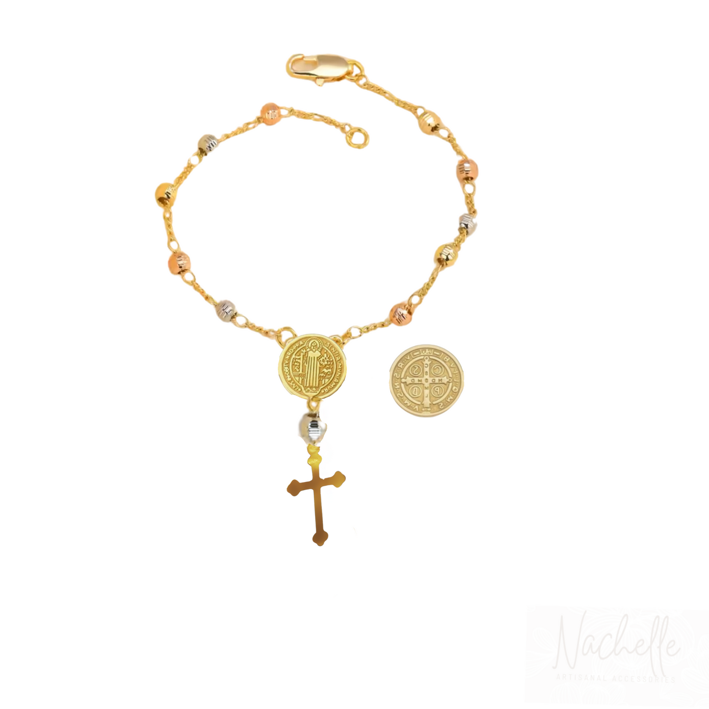 18k Gold filled Tri-color St. Benedict Bead Cross Bracelet 7.5 inch length