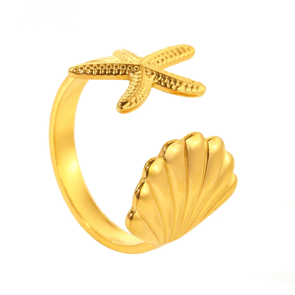 Shell starfish Stainless Steel Ring. This ring features a sleek shell and starfish design, offering a moderne and minimalist look. High quality material Engraved Pattern Ring Adjustable Wearing.